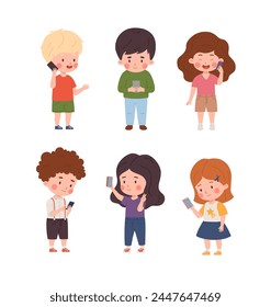 Set of cute children using mobile phones flat style, vector illustration isolated on white background. Decorative design element collection, happy kids, modern technologies