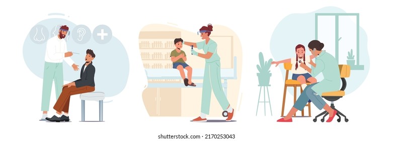 Set of Cute Children Visit Doctor Otolaryngologist Office. Kids Characters at Physician Consultation or Check Up with Friendly Medical Staff Work With Boys or Girls. Cartoon People Vector Illustration