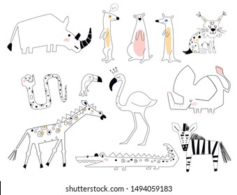 Set of cute children's african illustrations. Vector linear drawing, set of cute children's illustrations. African animals, monkey, elephant, tiger, rhinoceros, snake, hippo, flamingo, zebra, meerkat.