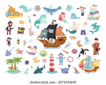 A set of cute children's characters related to the sea, adventure and marine life. Flat illustration.