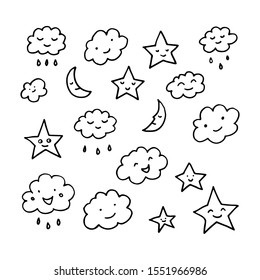 a set of cute children's doodle clouds, stars and months that smile and laugh