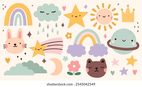 Un conjunto de garabatos lindos de los niños - arco iris, estrellas, nubes, sol, animales y otros. Vector ilustración dibujada a mano en estilo plano. Perfecto para decoraciones, impresión, varios diseños.