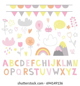 A set of cute children's elements and the English alphabet. Color children's font.