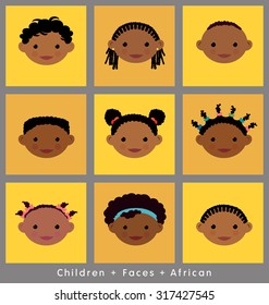 set of cute children's faces. African. flat style. 