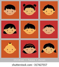 eine Reihe süßer Kinder-Gesichter. asiatisch. Flachstil. 