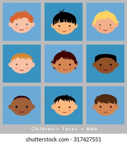 set of cute children's faces. boys. flat style. different ethnic groups.