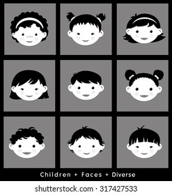 set of cute children's faces. flat style. different ethnic groups.