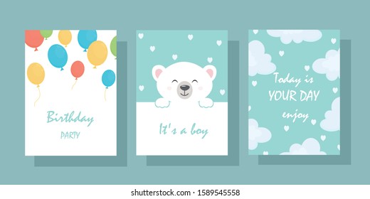 Set of cute children's greeting cards with quotes birthday Celebration, I am a boy, welcome to this world. Funny cover for kids with text. Vector graphics.
