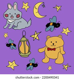 A set of cute children's illustrations: a hare, a bear, a bee, a flashlight, a sleeping moon and stars. Vector graphics. Print for children's bedroom.