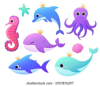 Set of cute childrens illustrations. Marine animals in cartoon style. Isolated on white background. Kind animals of the ocean. Whale, octopus, dolphin, shark
