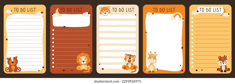 A set of cute children's paper templates for notes with animals. To-do list for printing. Bright planning paper. Vector illustration