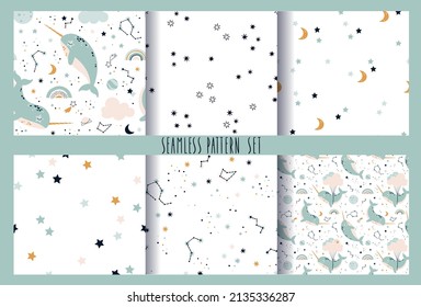 A set of cute children's patterns with narwhals and stars. Space background for textiles and clothing.