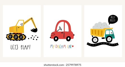 Set of cute children's posters with cars- excavator, truck in cartoon style. Scandinavian style. Vector set with automobile for fabric, textile, postcard, apparel, wall art, kids room design