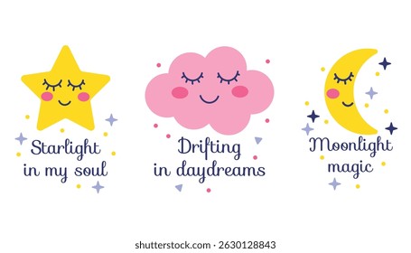 Conjunto de cartazes infantis bonitos com uma estrela sorridente, nuvem e lua com citações doces. Ilustrações de estilo plano adoráveis, perfeitas para paredes de creche, quartos para crianças ou uma decoração de chuveiro para bebês.