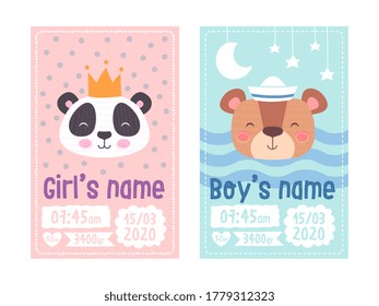 Set of cute children's posters, height, weight, date of birth. Bear and Panda. Vector illustration