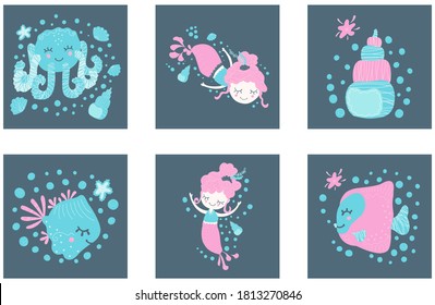 A set of cute children's square pictures of cartoon floating girls mermaids, fish, octopus and shell on dark backgrounds. Design for posters, invitations, baby shower, cards, prints, stickers. Vector.