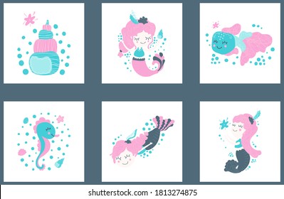 Set of cute children's square pictures of cartoon little girls mermaids, fish, seahorse and shell on white backgrounds. Collection for posters, invitations, baby shower, cards, print, stickers. Vector