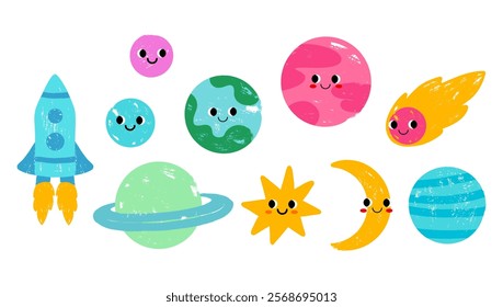 A set of cute children's stickers with planets of the solar system, moon, rocket and star. Hand drawn vector colorful illustration. Imitation of a child's drawing with colored pencils. 