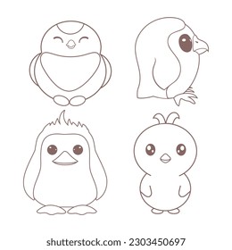 A set of cute children's stylized birds drawn with a line, a titmouse, an owlet, a penguin, an owl, a duck