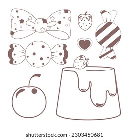 Un conjunto de adorables elementos lineales estilizados de un arco, corazón, dulces. fresas, tarta, cerezas