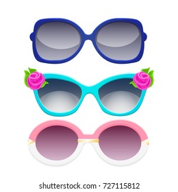 Set of cute children's sunglasses isolated on white background. Accessories for summer and holiday at the resort. Vector cartoon close-up illustration.