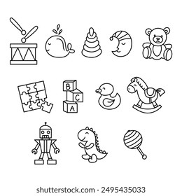 Set of cute Children's Toys for Children Hand Drawing Black Line