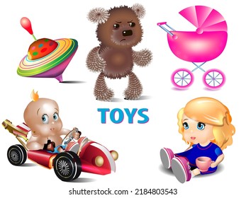 Set of cute children's toys. Doll, a car and others