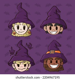 Set of cute childrens using witch hat on halloween party. Cute vector illustration. Halloween party illustration.