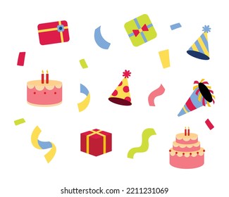 Juego de regalos de cumpleaños y adornos de niños adorables en una simple ilustración para elemento de diseño