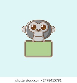 set Cute chimpanzee hold blank space board banner kawaii chibi character mascot illustration outline style