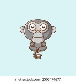 set Cute chimpanzee meditation yoga kawaii chibi character mascot illustration outline style design