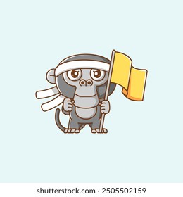 set Cute chimpanzee shouting with the flag and headband kawaii chibi character mascot illustration outline style design