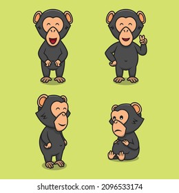 Set of cute chimpanzees cartoon vector icon illustration. Animal mascot character concept isolated vector. Flat cartoon style