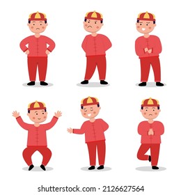 Set of cute Chinese boy with cartoon characters in Chinese traditional costume and different poses, Happy Chinese New Year concept, vector illustration 