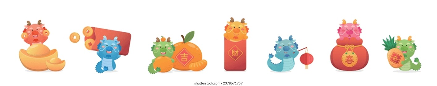 Satz süßer chinesischer Drachenfiguren oder Maskottchen oder Cartoon-Figuren, spielerisch und süß, Vektorelemente für chinesisches Neujahr, Übersetzung: Glück und Glück