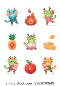 Set of cute Chinese dragon characters or mascots, playful and cute cartoon characters, vector elements for Chinese New Year, translation: spring