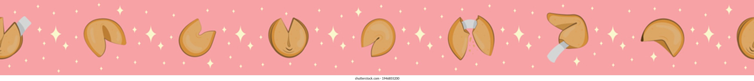 A set of cute chinese fortune cookies. Pink background with sparks. Seamless patterns. Banner. Vector illustration.