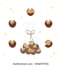 A set of cute Chinese fortune cookies with chocolate icing. Vector illustration. White background.