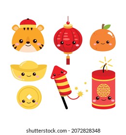 Set of cute Chinese new year clip art. Year of Tiger. Flat vector cartoon design