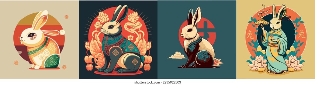 set cute Chinese new year 2023 rabbit Happy  Animal holidays cartoon characters  Isolated white background   year the Rabbit zodiac signs  Chinese New Year Lunar 2023  Text: New year Rabbit