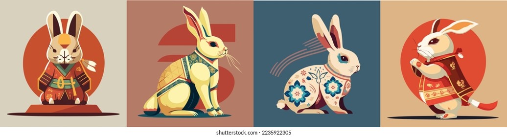 conjunto de lindos conejos chinos del año nuevo 2023 Happy. Personajes de caricatura de las festividades animales. Aislado sobre fondo blanco.  año de los signos zodiacales del Conejo. Lunar chino de Año Nuevo 2023. Texto: Conejo de Año Nuevo