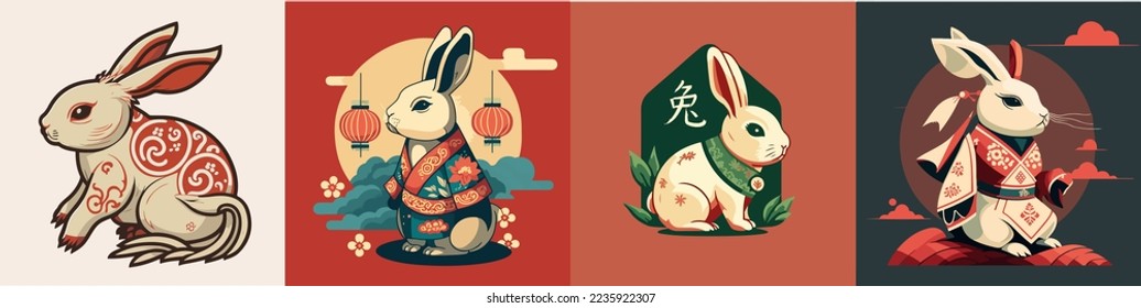 set of cute Chinese new year 2023 rabbit Happy. Animal holidays cartoon characters. Isolated on white background.  year of the Rabbit zodiac signs. Chinese New Year Lunar 2023. Text: New year Rabbit