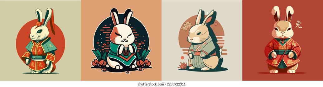 set of cute Chinese new year 2023 rabbit Happy. Animal holidays cartoon characters. Isolated on white background.  year of the Rabbit zodiac signs. Chinese New Year Lunar 2023. Text: New year Rabbit
