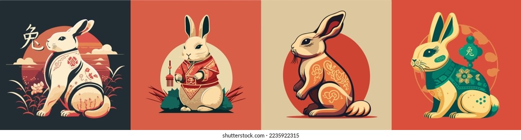 set of cute Chinese new year 2023 rabbit Happy. Animal holidays cartoon characters. Isolated on white background.  year of the Rabbit zodiac signs. Chinese New Year Lunar 2023. Text: New year Rabbit