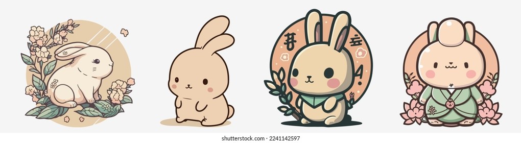 set of cute Chinese new year 2023 rabbit Happy. Animal holidays cartoon characters. Isolated on white background.  year of the Rabbit zodiac signs. Chinese New Year Lunar 2023. Text: New year Rabbit