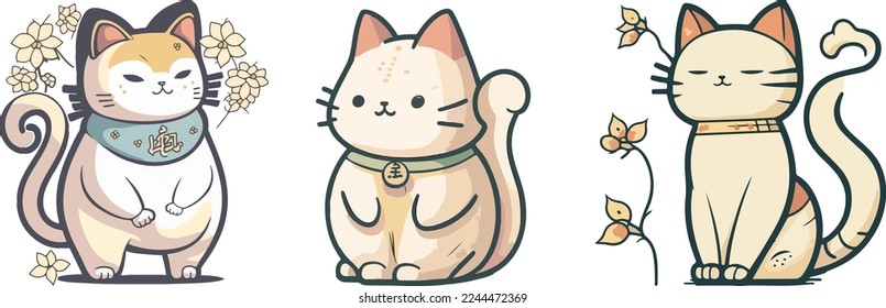 conjunto de lindos gatitos chinos de año nuevo 2023. Personajes de caricatura de las festividades animales. Aislado sobre fondo blanco.  año de los signos de zodiaco del gato. Lunar chino de Año Nuevo 2023. Texto: Gato de año nuevo