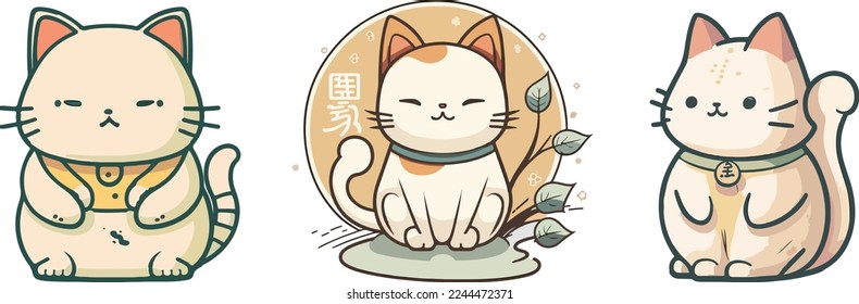 set of cute Chinese new year 2023 cat. Animal holidays cartoon characters. Isolated on white background.  year of the cat zodiac signs. Chinese New Year Lunar 2023. Text: New year cat