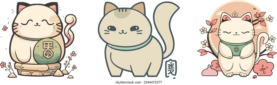 set of cute Chinese new year 2023 cat. Animal holidays cartoon characters. Isolated on white background.  year of the cat zodiac signs. Chinese New Year Lunar 2023. Text: New year cat