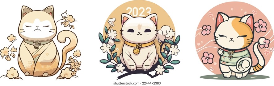 set of cute Chinese new year 2023 cat. Animal holidays cartoon characters. Isolated on white background.  year of the cat zodiac signs. Chinese New Year Lunar 2023. Text: New year cat