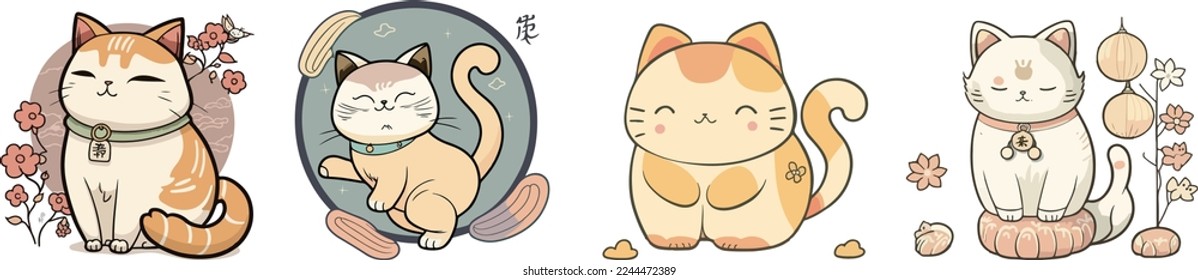 set of cute Chinese new year 2023 cat. Animal holidays cartoon characters. Isolated on white background.  year of the cat zodiac signs. Chinese New Year Lunar 2023. Text: New year cat